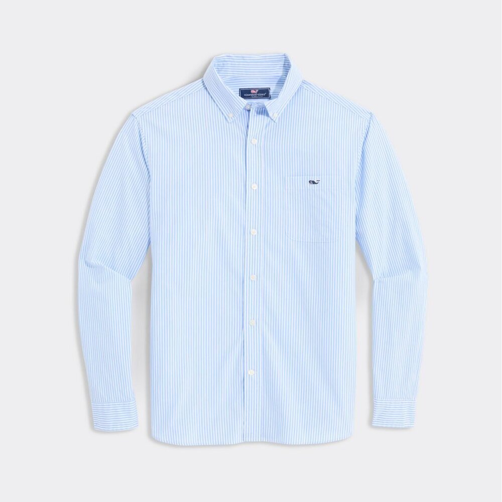 Vineyard Vines Fine Line Stripe Whale Blue Cotton Shirt Size M(12-14)